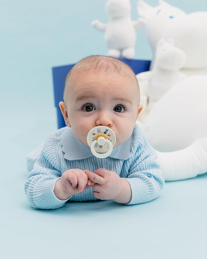 BIBS Colour Moomins Pacifier 2-Pack, BPA Free Pacifier, Round Nipple. Natural Rubber Latex, Made in Denmark, Size 1 (0-6 Months), Ivory/Sage