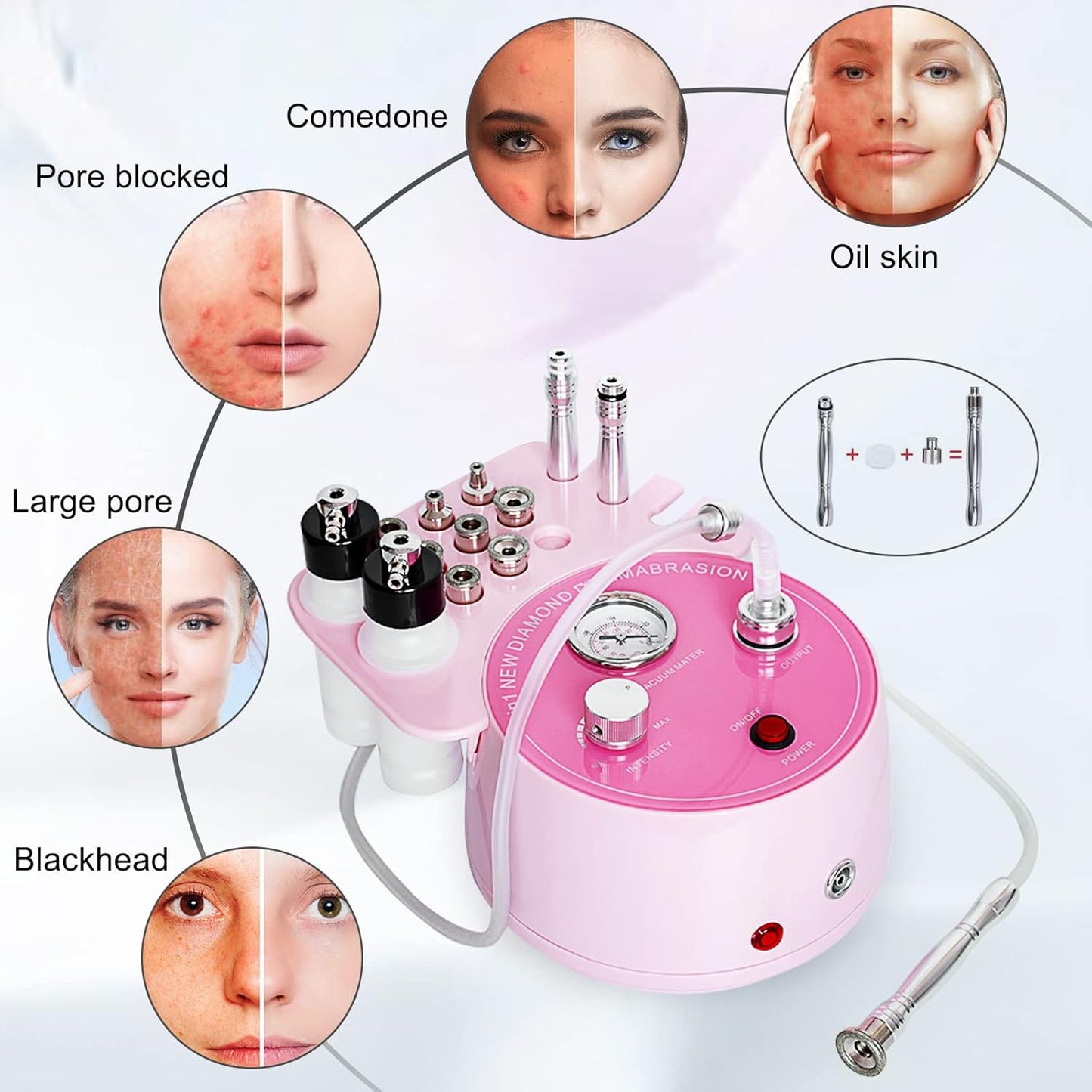 Diamond Microdermabrasion Machine Professional Plus, 3 in 1 Pink Diamond Dermabrasion Facial Beauty Equipment Skin Care for Vacuum Blackhead Removal & Spray, Suction Power 0-70 cmHg