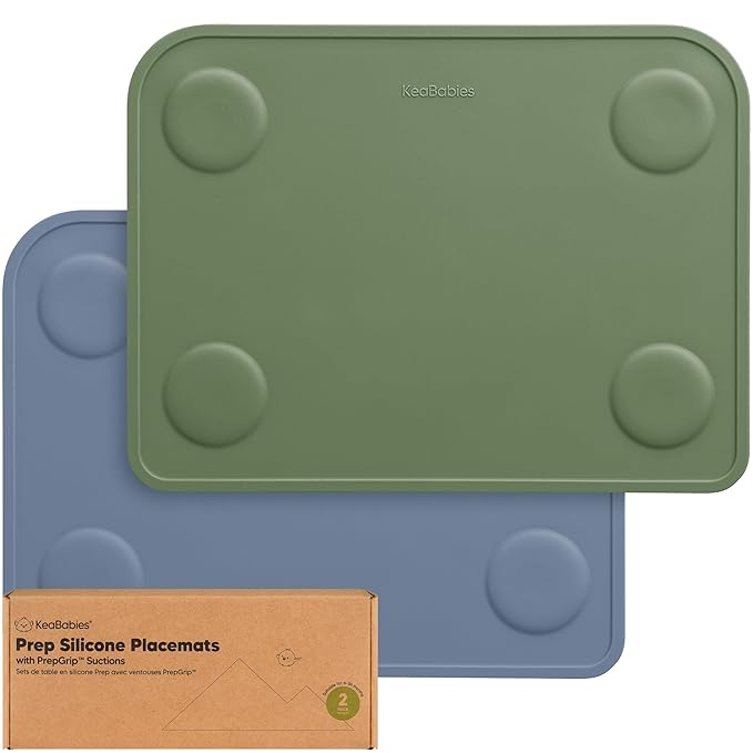 KeaBabies 2-Pack Silicone Placemats for Toddlers - 12x9 Non Slip Suction Baby Silicone Placemat for Kids Eating, Easy to Clean, Busy Travel Baby Mat for Dining Table, Food Grade/BPA-Free (Slate)
