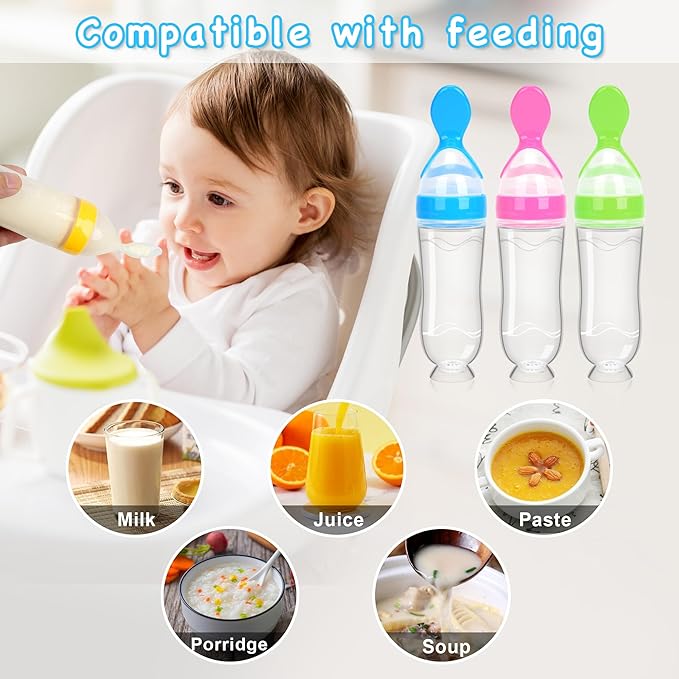 WAJIAYON Baby Food Feeder 3 Pack Silicone Baby Food Dispensing Spoon with Standing Base for Infant- 3 oz Squeeze Feeding Spoons with Suction Cup for Boys Girl Kids Toddlers - Self Feeding Bottle Spoon
