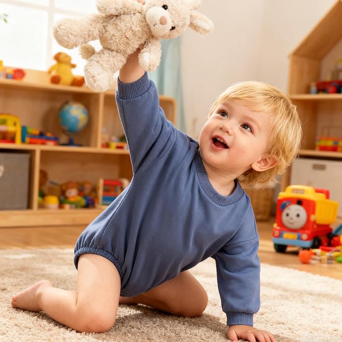 Bafeicao Baby Boy Girl Sweatshirt Romper Organic Cotton Solid Color Long Sleeve Bubble Romper Oversized Warm Fall Winter
