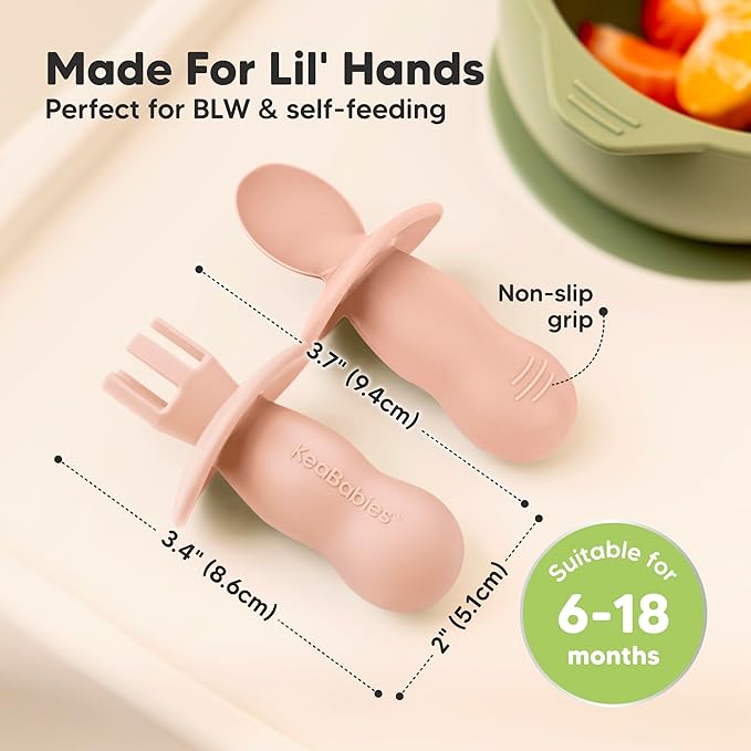 KeaBabies 4-Pack Silicone Baby Spoons and Forks Set - Baby Led Weaning Utensils 6-12 Months, Self Feeding Toddler Spoon & Fork for Training, Teething, Easy to Hold, BPA-Free Silicone (Mellow)