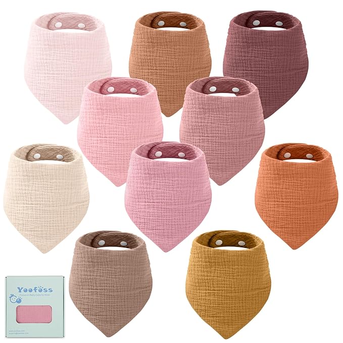 Yoofoss Muslin Baby Bibs 10 Pack 100% Organic Cotton 6-Layer Soft Absorbent Drool Bandana Baby Bibs for Drooling and Teething for Boys and Girls, Gradient Pink