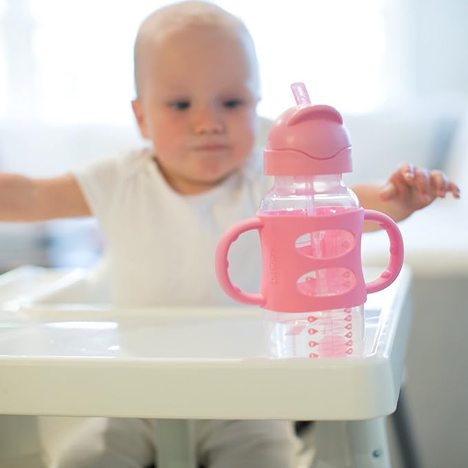 Dr. Brown's Milestones Wide-Neck Sippy Straw Bottle with 100% Silicone Handles and Weighted Straw, 9 oz/270 mL, Gray & Pink, 6m+, 2 Count (Pack of 6)