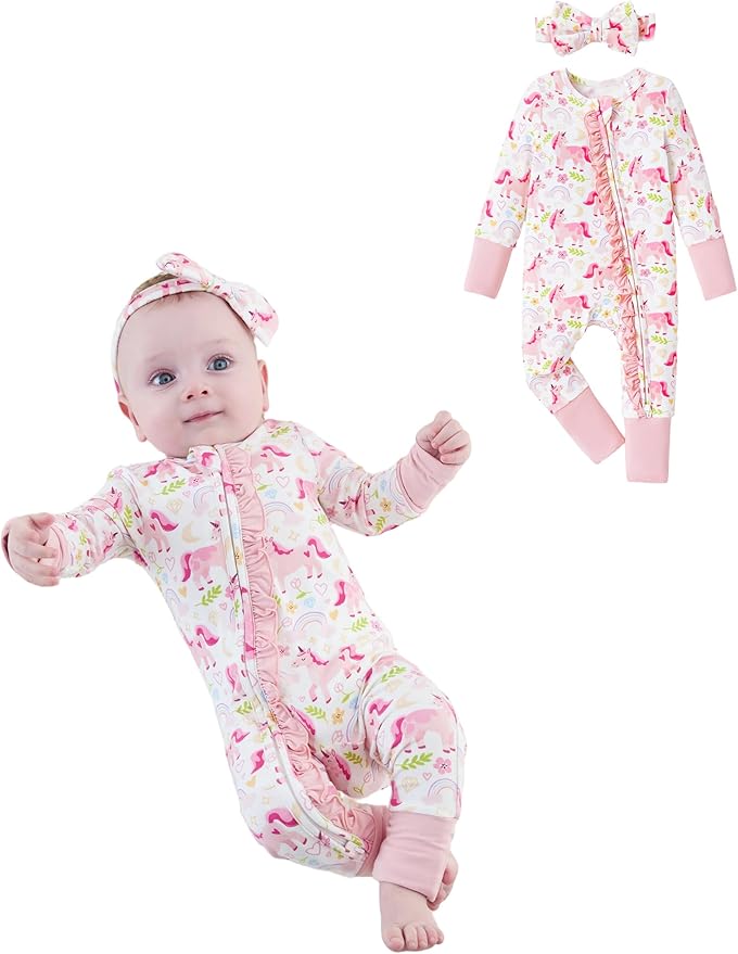 PATPAT Baby Girl Boy Clothes Newborn Infant Footie – Soft Viscose from Bamboo– 2-Way Zipper, Fold-Over Mitten, Ruffle Trim