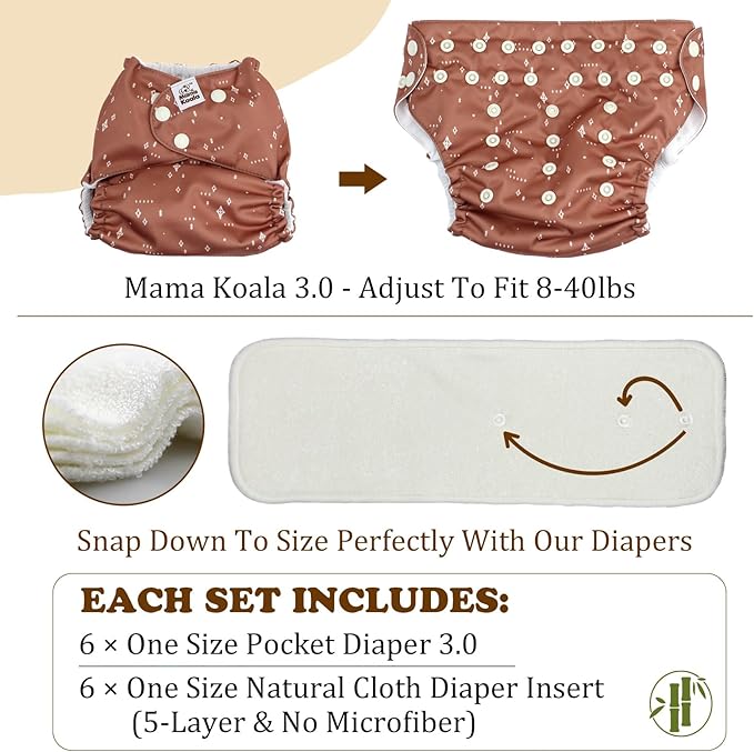 Mama Koala 3.0 Pocket Cloth Diapers for Babies with AWJ Lining, 6 Pack with 6 5-Layer Natural Cloth Diaper Inserts - Reusable and Washable Pocket Diapers(A-Bloomin' Lovely)