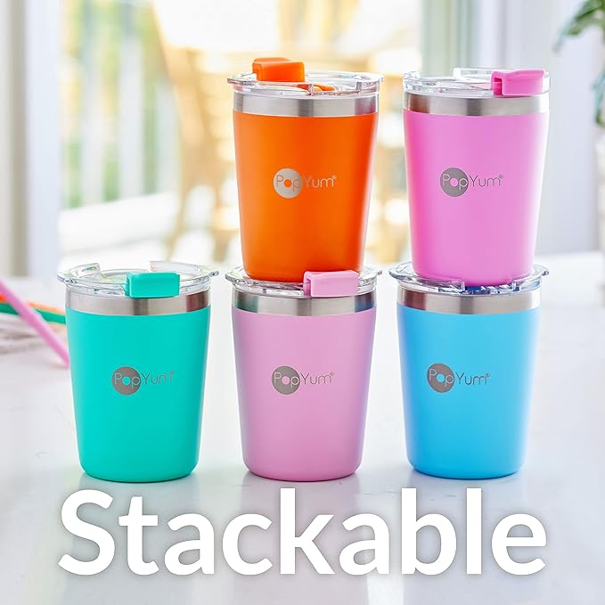 PopYum 9oz Insulated Stainless Steel Kids’ Cups with Lid and Straw, 2-Pack, Blue, Green, stackable, sippy, baby, child, toddler, tumbler, double wall, vacuum, leak proof