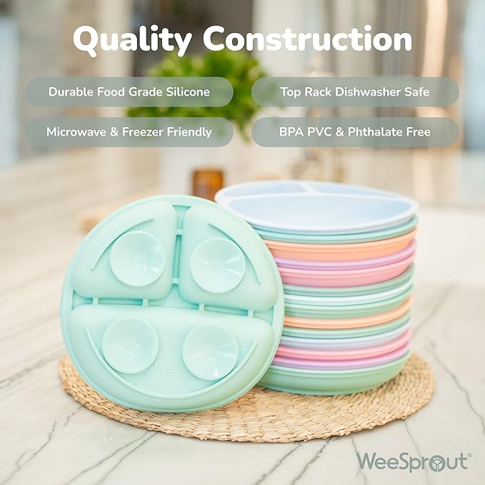 WeeSprout Suction Plates for Babies With Lids & Toddlers - 100% Silicone, Dinnerware Stays Put, Divided Design for Picky Eaters, Microwave & Dishwasher Friendly, 3 Pack