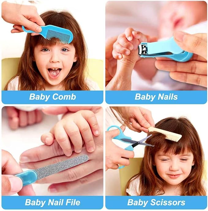 Baby Grooming Kit, Infant Safety Care Set with Hair Brush Comb Nail Clipper Nasal Aspirator,Baby Essentials Kit for Newborn Girls Boys (Blue)