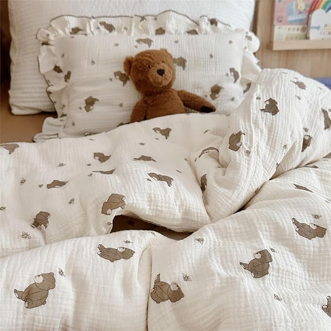 AOJIM Cute Cartoon Pattern Muslin Toddler Kids Pillow Case Super Soft Cotton Baby Crib Pillowcase 1pc with Ruffle Edge, Machine Washable Boys Girls Pillowcase with Bear and Bee Print for Decor,14x20''
