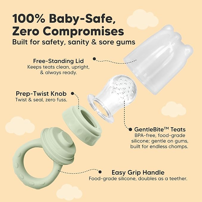 KeaBabies Baby Fruit Feeder 2pk - Silicone Baby Food Feeder for Babies 6-12 Months, Breast Milk Popsicle for Teething, Weaning, Freeze Frozen Solid Food, BPA-Free Infant Feeding Essential (Soft Fern)