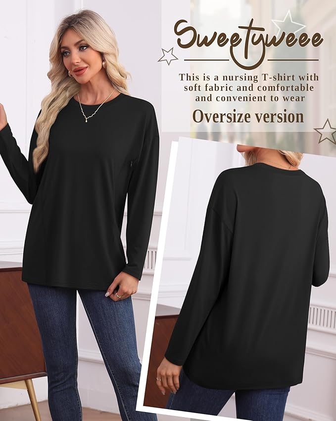 3 Pack Women's Nursing Breastfeeding Tops, Long Sleeve Maternity Shirts Oversize Hidden Zipper Pregnancy Clothes
