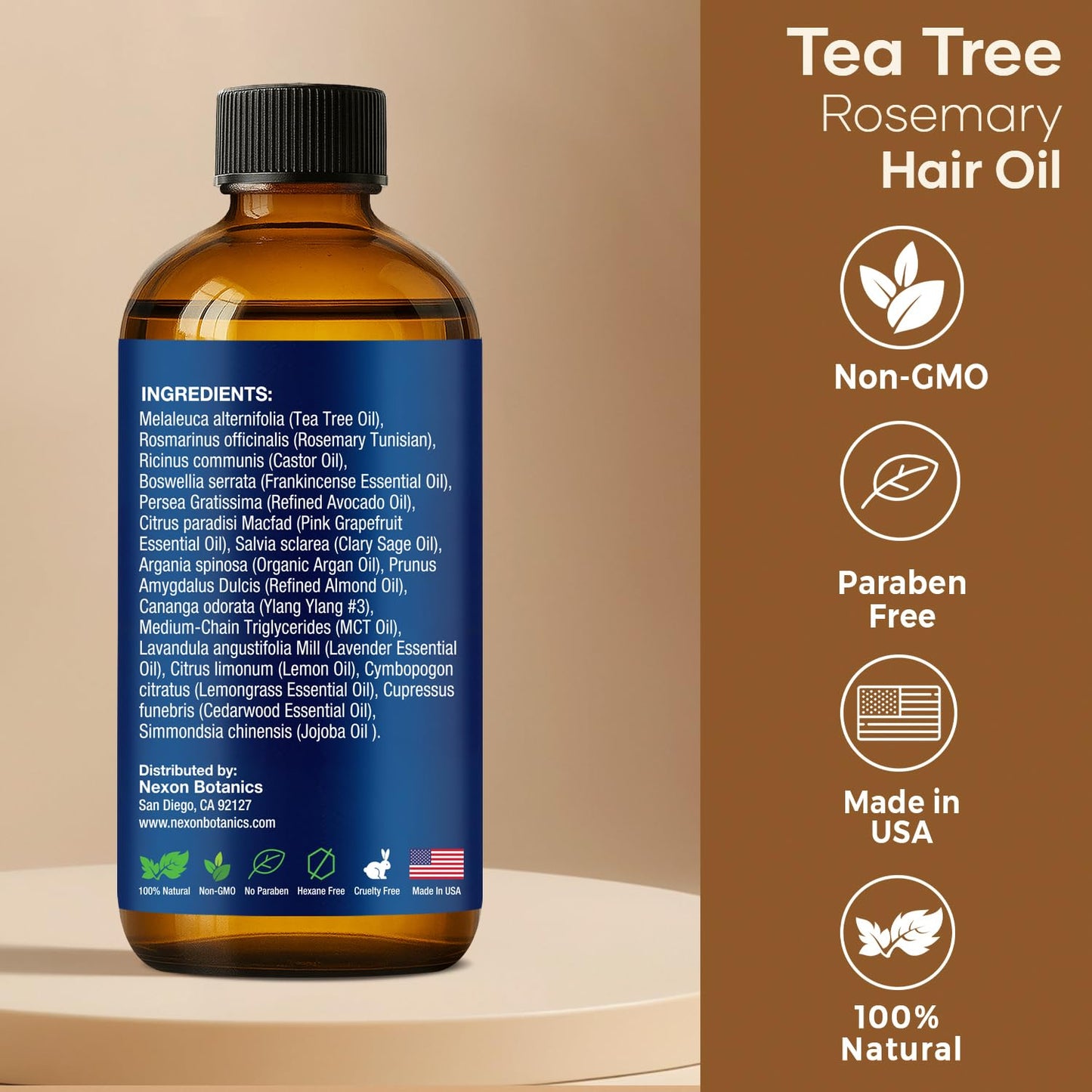 Tea Tree Rosemary Oil for Hair Growth 2 fl oz - Scalp Treatment with Castor, Frankincense & Avocado Oils - For Dry, Damaged Hair - Nexon Botanics