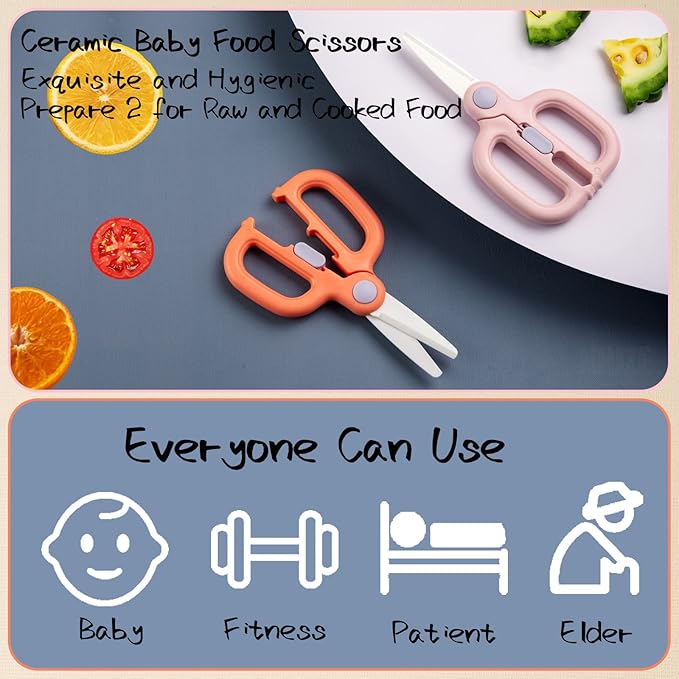 Ceramic Baby Food Scissors Kids with Travel Case, Toddler Scissors with Safety Lock, Ideal for Pizza, Meats, Noodles, Vegetables, and Fruits (A/B)