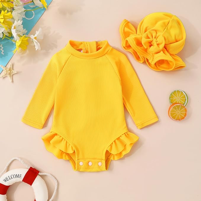 YOUNGER TREE Infant Baby Girls Swimsuit Long Sleeve Swimsuits One Piece Swimsuit Solid Color Bathing Suit with Hat, UPF 50+
