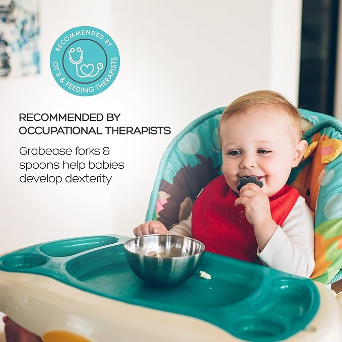 Grabease Baby Feeding Utensils Set - Ergonomic Grip for Self-Feeding - Anti-Choke Collar & Toddler Cutlery Safety - Dishwasher Safe & Travel-Ready Baby Feeding Set - Gray, Pack of 1