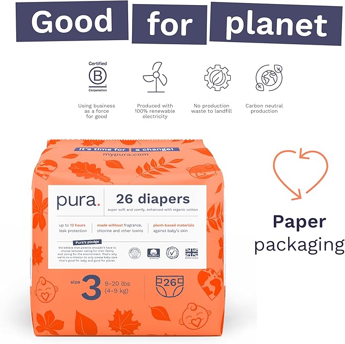 Size 3 Eco-Friendly Diapers (9-20 lbs) Totally Chlorine Free (TCF),Hypoallergenic, Soft Organic Cotton, Sustainable, up to 12 Hours Leak Protection, Allergy UK,26 Count (Pack of 3) (78 Baby Diapers)