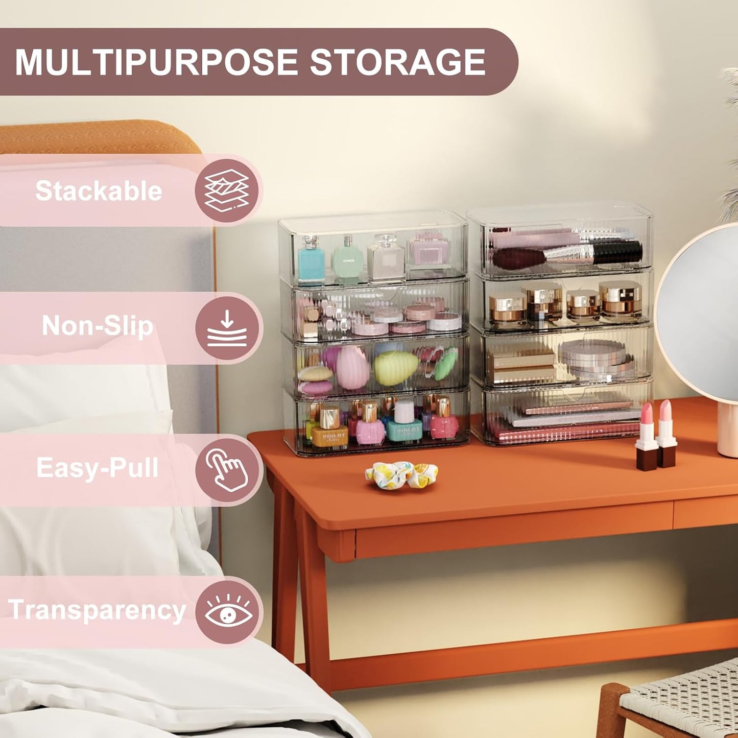 8-Pack Clear Stackable Storage Drawers with 16 Non-Slip Silicone Feet, Multi-Purpose Cosmetic & Home Organizers for Vanity, Office, Bathroom, Pantry, Easy-Pull Transparent Acrylic Storage Bins