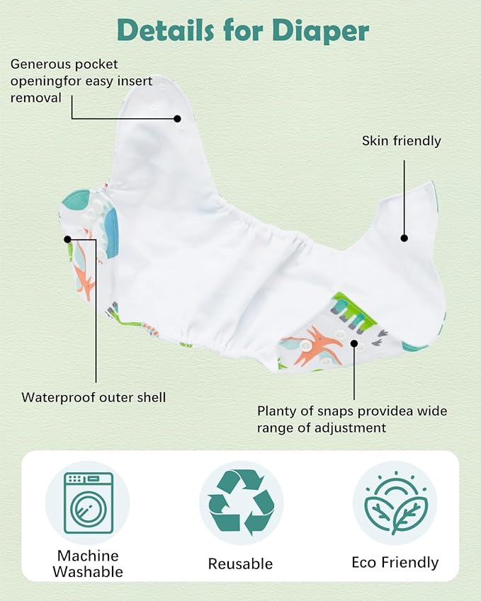 babygoal Dinosaur Cloth Diapers Pack of 13, Baby Reusable Washable Pocket Nappy, 6pcs Diapers+6pcs Rayon from Bamboo Inserts+Wet Bag 6FB16-MB-B