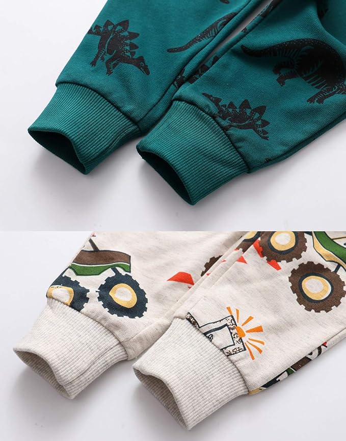 HUAER& Baby Boy's Jogger Pants Dinosaur Car Animal Print Drawstring Elastic Sweatpants 2-Pack