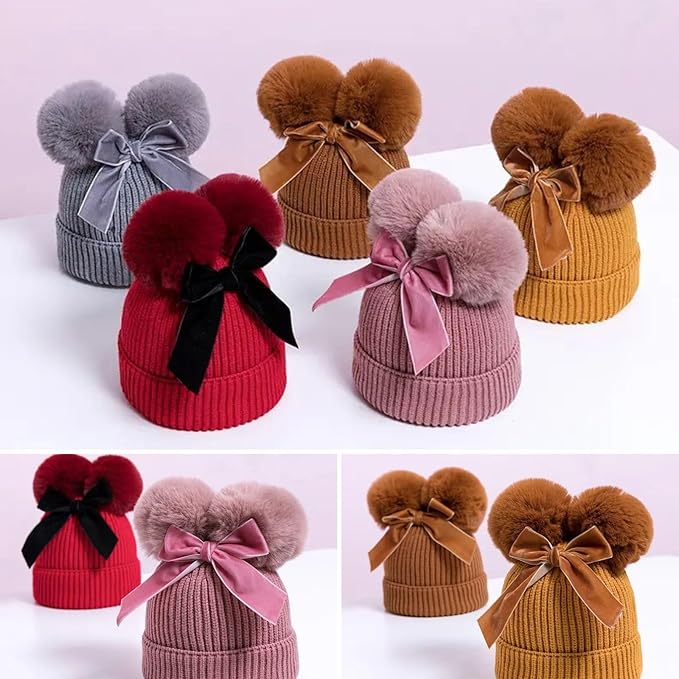 Personalized Toddler Beanie Hat with Bow - Custom Winter Pom Pom Beanies - Leater Patch Baby Warm Knit Hats