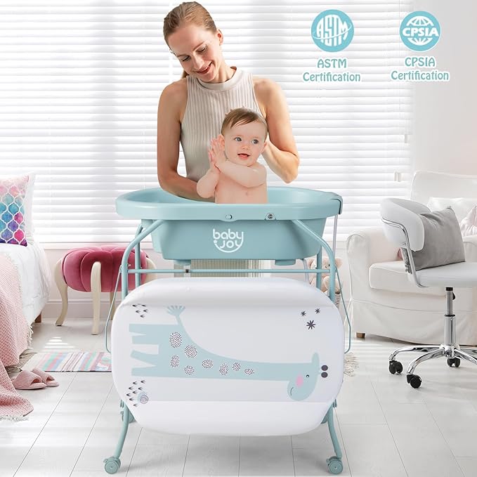 BABY JOY Baby Bathtub with Changing Table, Foldable Infant Diaper Changing Station with Storage Tray, Waterproof Pad, Portable Newborn Nursery Organizer Bath Stand with 4 Universal Wheels (Blue)