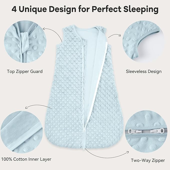 Fleece Baby Sleep Sack 6-12 Months with Plush Dots 1.5 Tog Baby Wearable Blanket with 2-Way Zipper Warm Sleeping Sack for Toddler Infant Newborn - Medium, Sky Blue