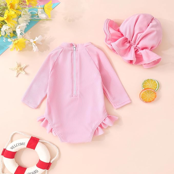 YOUNGER TREE Infant Baby Girls Swimsuit Long Sleeve Swimsuits One Piece Swimsuit Solid Color Bathing Suit with Hat, UPF 50+