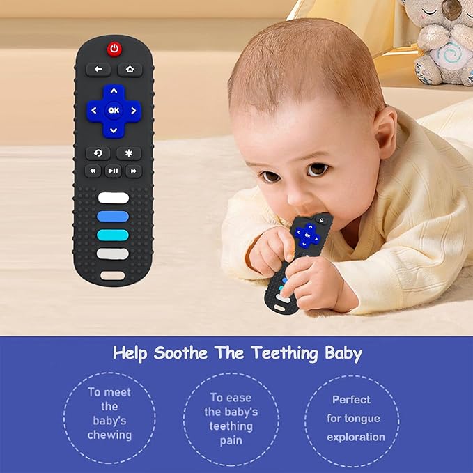 Baby Teething Toys, Food Grade Silicone Teether for Babies 3 6 12 18 Months, TV Remote Shape Toddlers Chew Toys, Freezer BPA Free (Black RC)