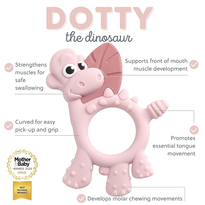 Bibado - Dotty The Dinosaur Teething Toys, Blush - Multi-Sensory Teether - BPA Free Baby Toy - Strengthen Mouth Muscles & Learn Feeding - Dentist Approved - Baby Essentials & Baby Toys - 3 Months+
