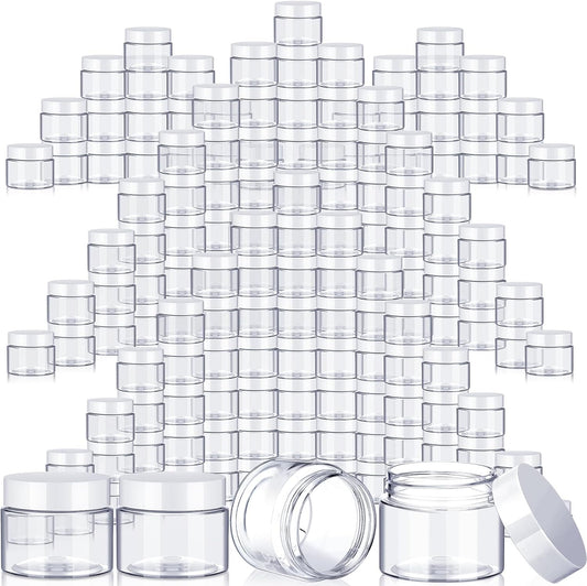 SATINIOR 100 Pcs Plastic Jars with Lids Small Containers Lids Wide Mouth Small Plastic Containers for Lotion Cream Rhinestones Body Butters Travel Storage(1 oz,White)
