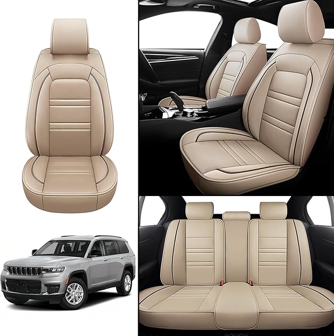 Seat Covers for JP Grand Cherokee 2011-2025 | 5-Seats Leather Seat Covers, Easy to Install Automotive Seat Covers Full Set (Full Set, Beige)