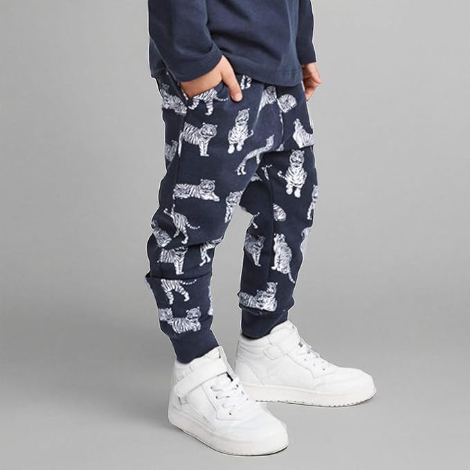 HUAER& Baby Boy's Jogger Pants Dinosaur Car Animal Print Drawstring Elastic Sweatpants 2-Pack