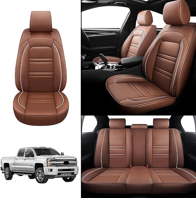 Seat Covers for Chevy Silverado 2007-2025 | 5-Seats Leather Seat Covers, Easy to Install Automotive Seat Covers Full Set (Full Set, Coffee)