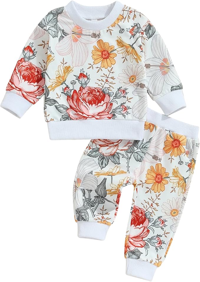 Fernvia Toddler Baby Girl Clothes 3 6 9 12 18 24 Months Fall Outfits Solid Long Sleeve Sweatshirt Tops + Pants Set