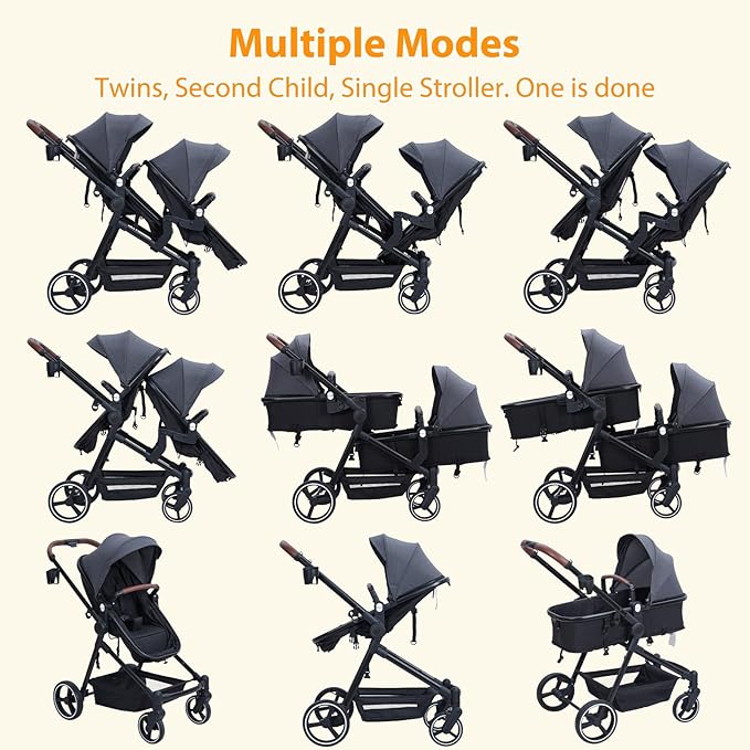 Tandem Double Stroller Newborn and Toddler, Foldable Twin Stroller with Reversible Seat, 5-Point Safety Harness, Adjustable Backrest & Canopy, Storage Basket, Dark Grey