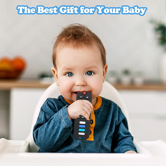 Baby Teething Toys, Food Grade Silicone Teether for Babies 3 6 12 18 Months, TV Remote Shape Toddlers Chew Toys, Freezer BPA Free (Black+Khaki)