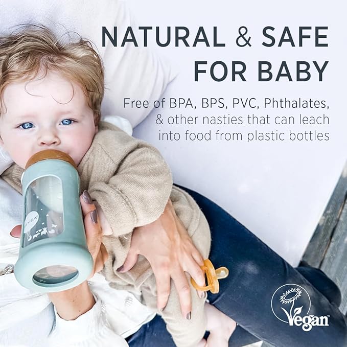 HEVEA Plastic-Free Wide Neck Glass Baby Bottle with Seafoam Blue Sleeve - Slow Flow Anti Colic Baby Bottles Newborn 0+ Months - BPA-Free, Single-Pack (5 Oz)