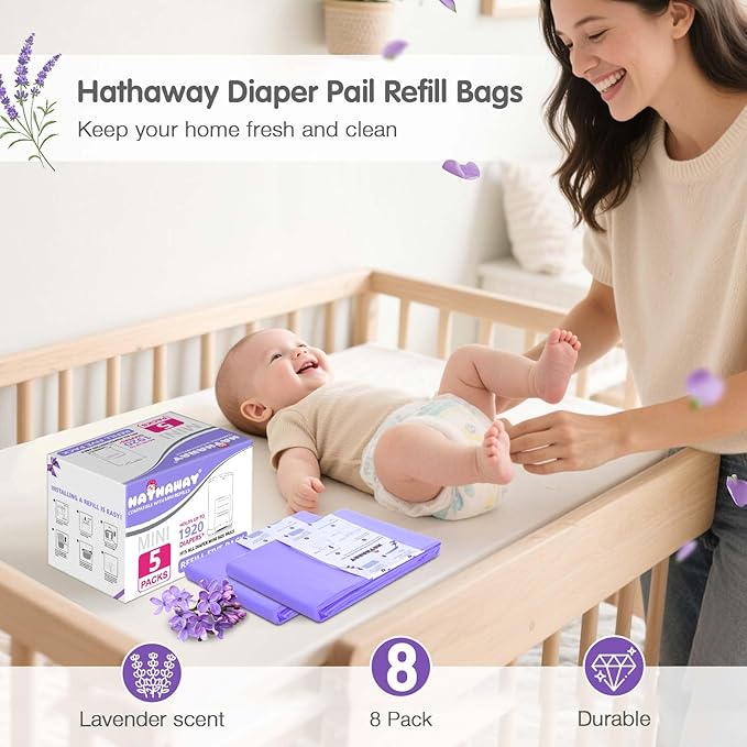 Diaper Pail Refill Bags Compatible With Dekor Mini Diaper Pail, Extra 30% Length, Lavender Scent, 5 Pack