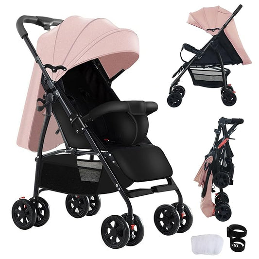 Lightweight Travel Stroller at Only 4.6 kg, Folding Compact Pushchair with Multi-Position Recline, Babies and Toddlers Pram from Birth, Baby Buggy with Cup Holder, Canopy (A8 Pink)