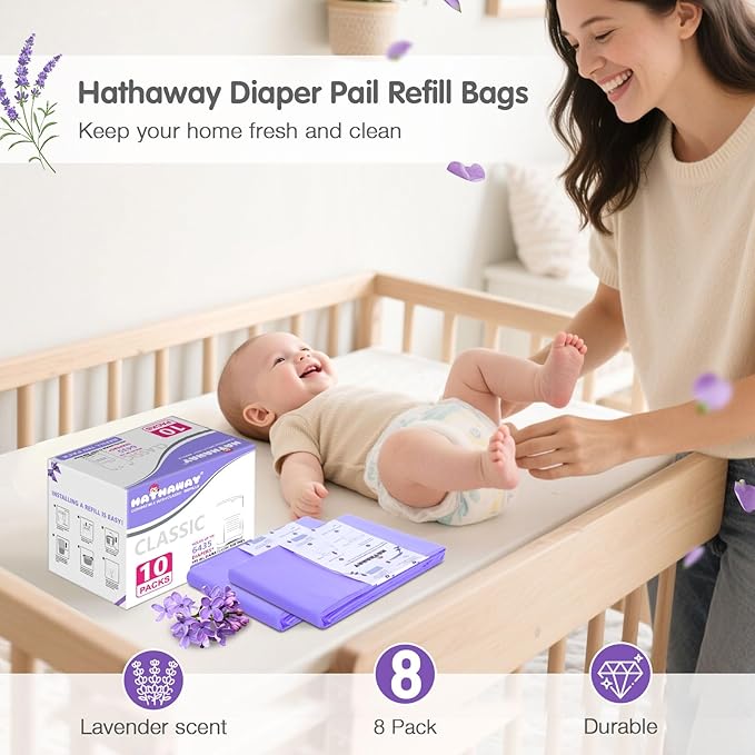 Diaper Pail Refill Bags Compatible With Dekor Classic Diaper Pail, Extra 30% Length, Lavender Scent, 10 Pack