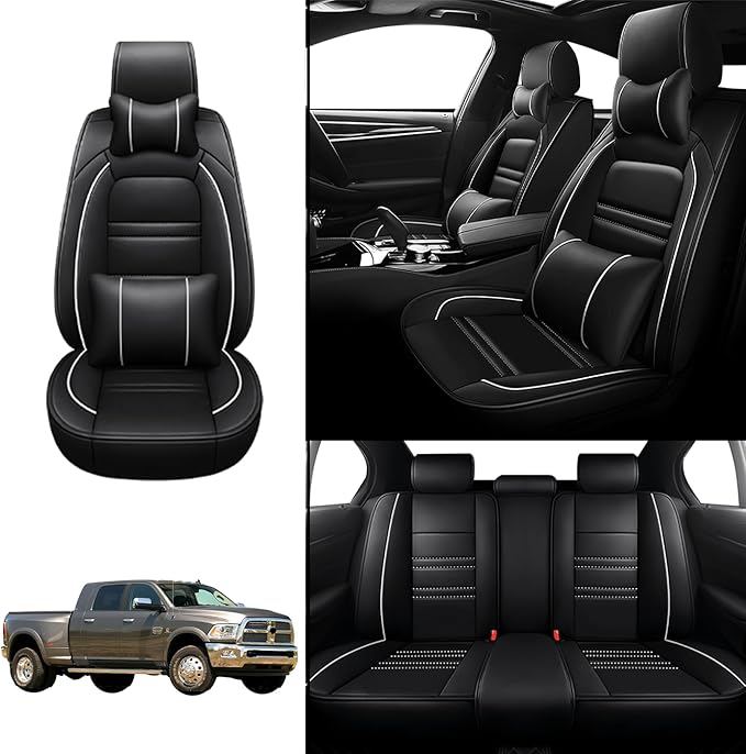 Car Seat Covers for Dodge ram 3500 2004-2011 | 5-Seats Seat Covers, Waterproof Seat Protectors, Automotive Seat Covers (Full Set with Pillow,Black&White Line)