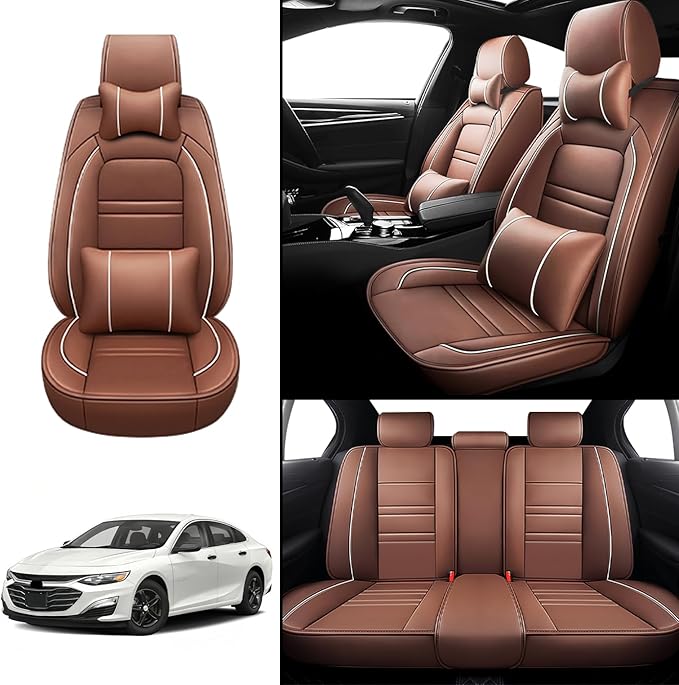 Car Seat Covers for Malibu 2004-2025 | 5-Seats Seat Covers, Waterproof Seat Protectors, Automotive Seat Covers (Full Set with Pillow,Coffee)