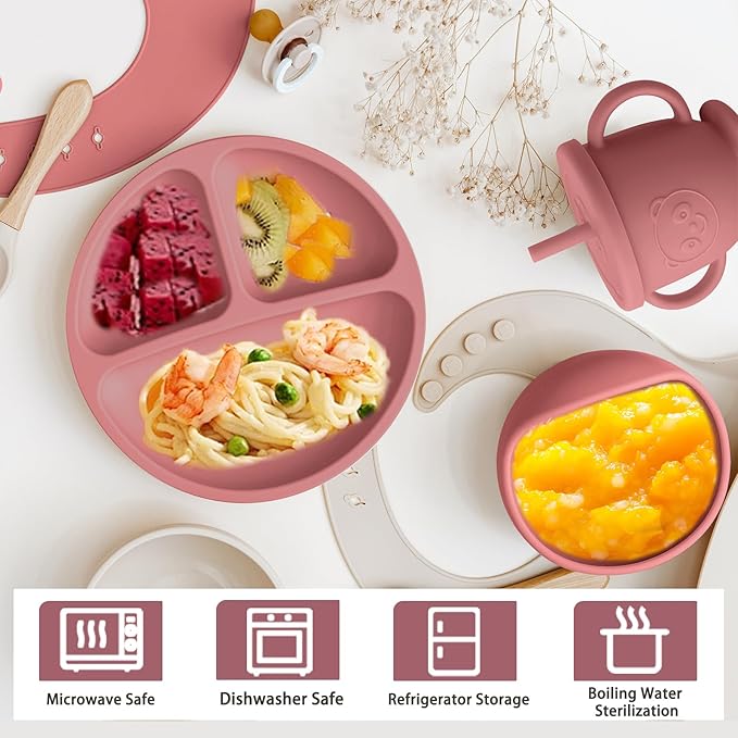 Silicone Baby Feeding Set | Baby Led Weaning Supplies Includes Suction Bowls and Divided Plates, Adjustable Bib, Baby Utensils Spoons and Forks,Cup | Baby Feeding Essentials (Red)
