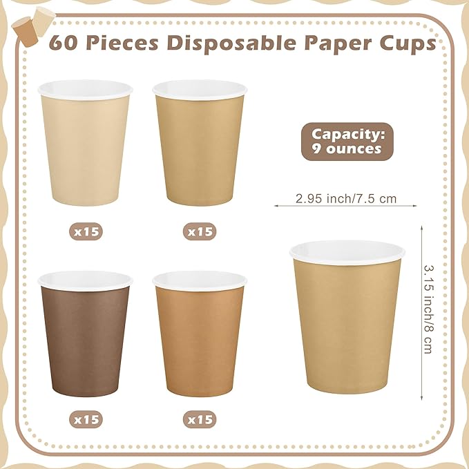 URATOT 60 Pieces 9 Ounce Brown Paper Cups Gradient Color Disposable Coffee Cups Party Cups Beverage Drinking Cups for Party, DIY and Holiday Party Supplies