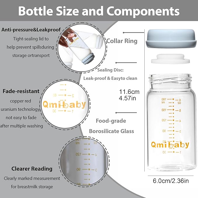 Breast Milk Storage Bottles 180ml 6oz BPA-Free Leak-Proof Baby Bottle for Breastmilk Storage Wide Neck Bottles with Screw Ring Sealing Disk Breastfeeding (Grey, 180ml-6Packs)