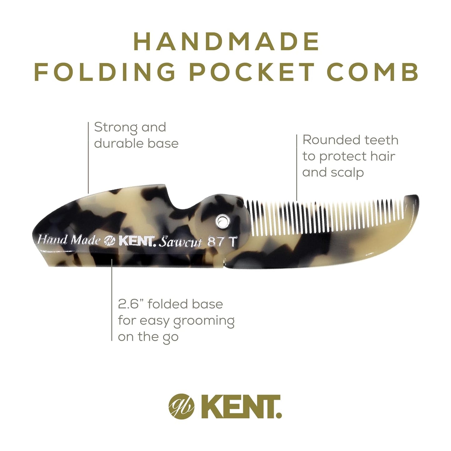 Kent 87T TW Handmade Folding Pocket Comb for Men, Fine Tooth Hair Comb Straightener for Everyday Grooming Styling Hair, Beard or Mustache, Use Dry or with Balms, Saw Cut Hand Polished, Made in England