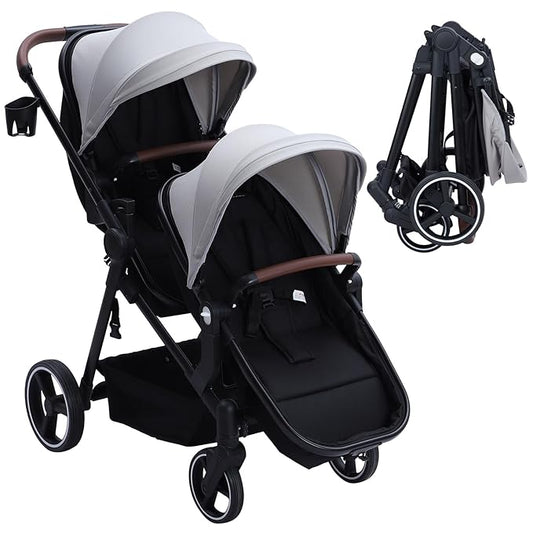 Tandem Double Stroller Newborn and Toddler, Foldable Twin Stroller with Reversible Seat, 5-Point Safety Harness, Adjustable Backrest & Canopy, Storage Basket, Light Grey