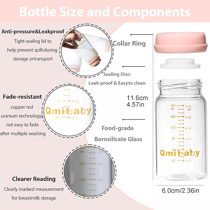Breast Milk Storage Bottles 180ml 6oz BPA-Free Leak-Proof Natural Baby Bottle for Breastmilk Storage Wide Neck Bottles with Screw Ring Sealing Disk Breastfeeding (Pink, 180ml-6Packs)