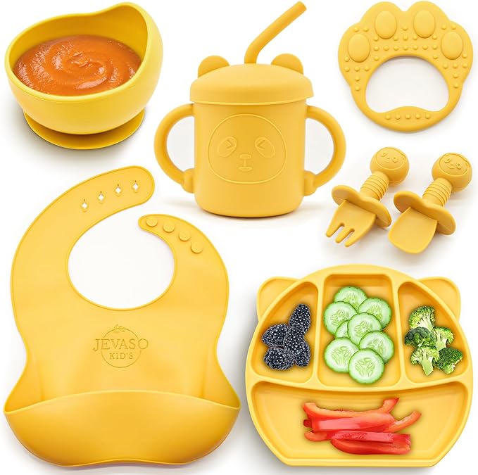JEVASO Silicone Baby Feeding Set, Baby Led Weaning Supplies, Baby Self Feeding Essentials Suction Bowl Divided Plate Baby Bibs Spoons Forks Sippy Cup Teether, Toddler Eating Utensils for 6+ Months